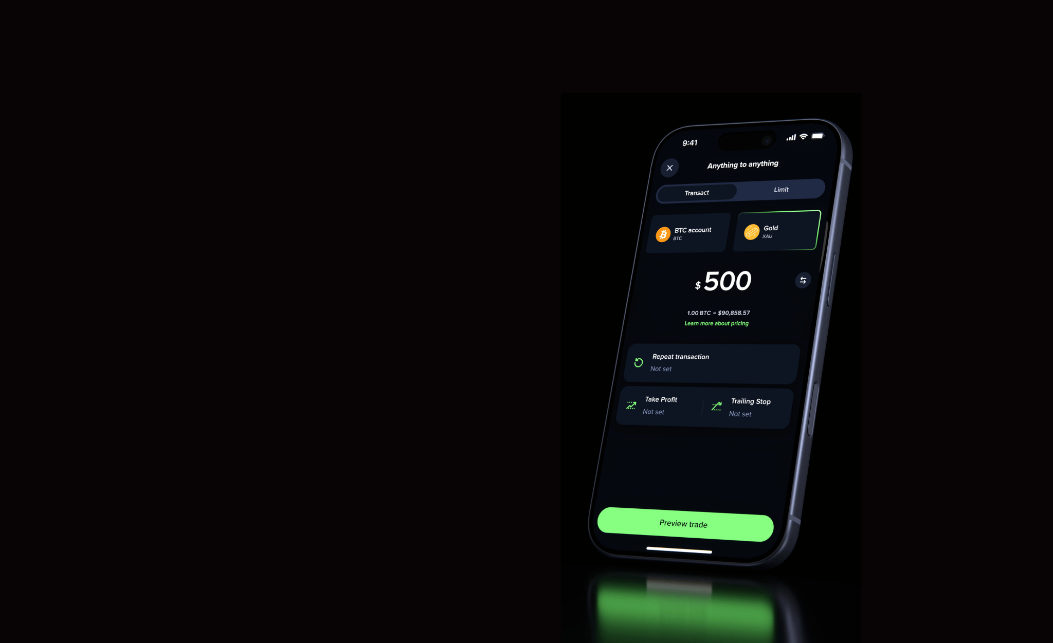 Uphold app showing an anything-to-anything trade between Bitcoin and gold