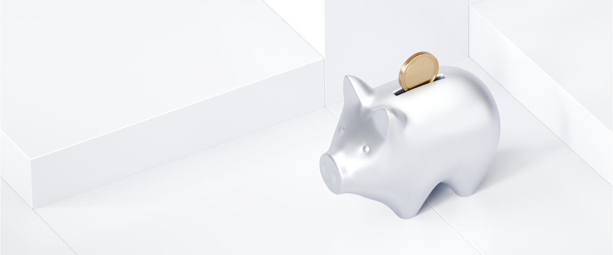 White piggy bank with a gold coin in its slot, standing in a minimalist geometric white room.